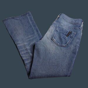 Black Orchid Womens Flare Jeans 29 Medium Wash Distressed Stretch Altered